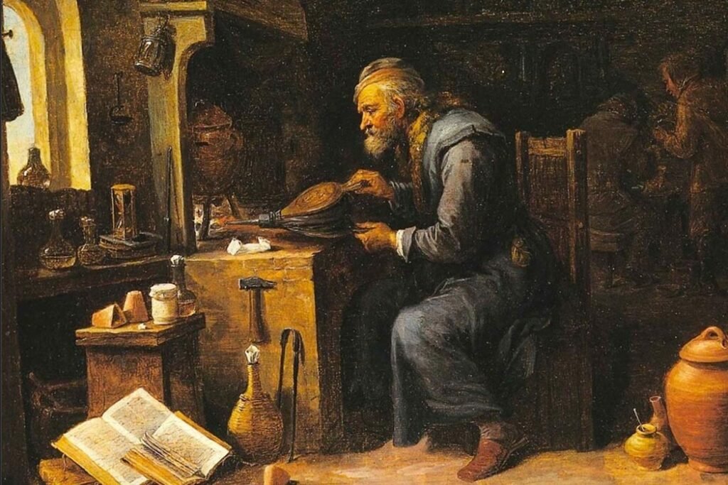 Un alchimista al lavoro (tela di David Teniers il Giovane, XVII secolo)